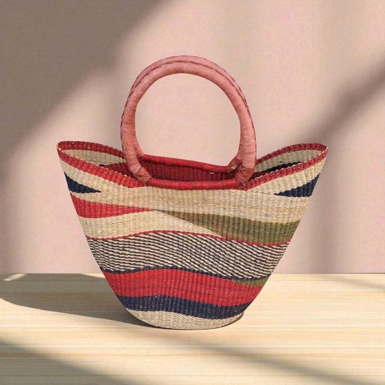 Handwoven Red Wave Market Basket – Ghana Straw Tote with Leather Handles