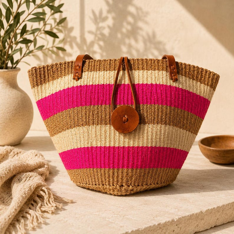 Handwoven Sisal Market Tote | Kenyan Kiondo Basket Bag | PINK Stripe with Leather Handles